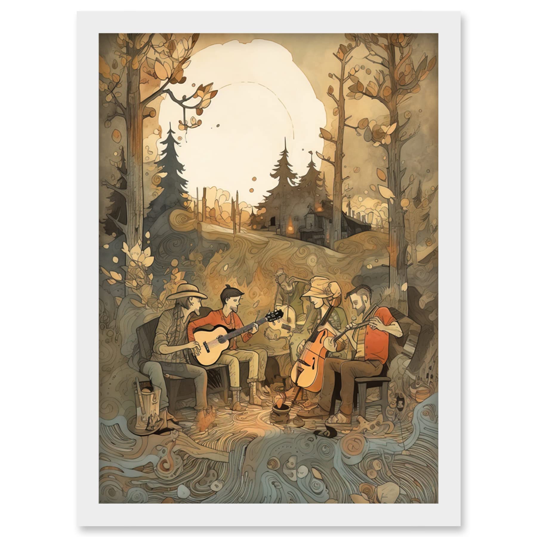 Artery8 Countryside Folk Band Musicians Playing Music in the Forest at Sunset Modern Watercolour Painting Artwork Framed Wall Art Print A4