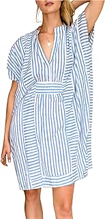 Womens Summer Loose Stripe Beach Dress Cover Ups Casual Batwing Sleeve M...