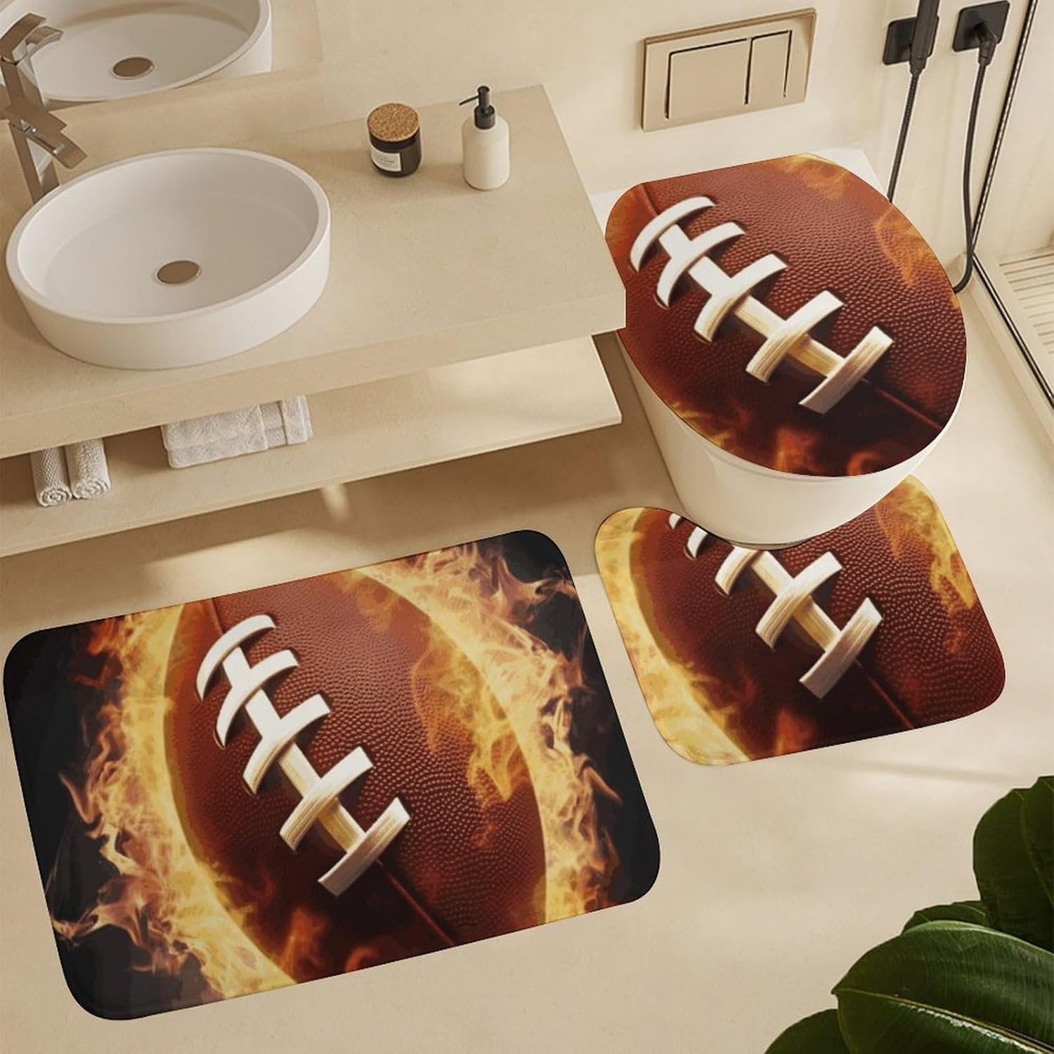 Flaming American Football Shower Curtain Set 4 Piece, Non-Slip Bath Mat with Toilet Lid Cover and Waterproof Shower Curtain with 12 Hooks, Complete Bathroom Set for Home Decor