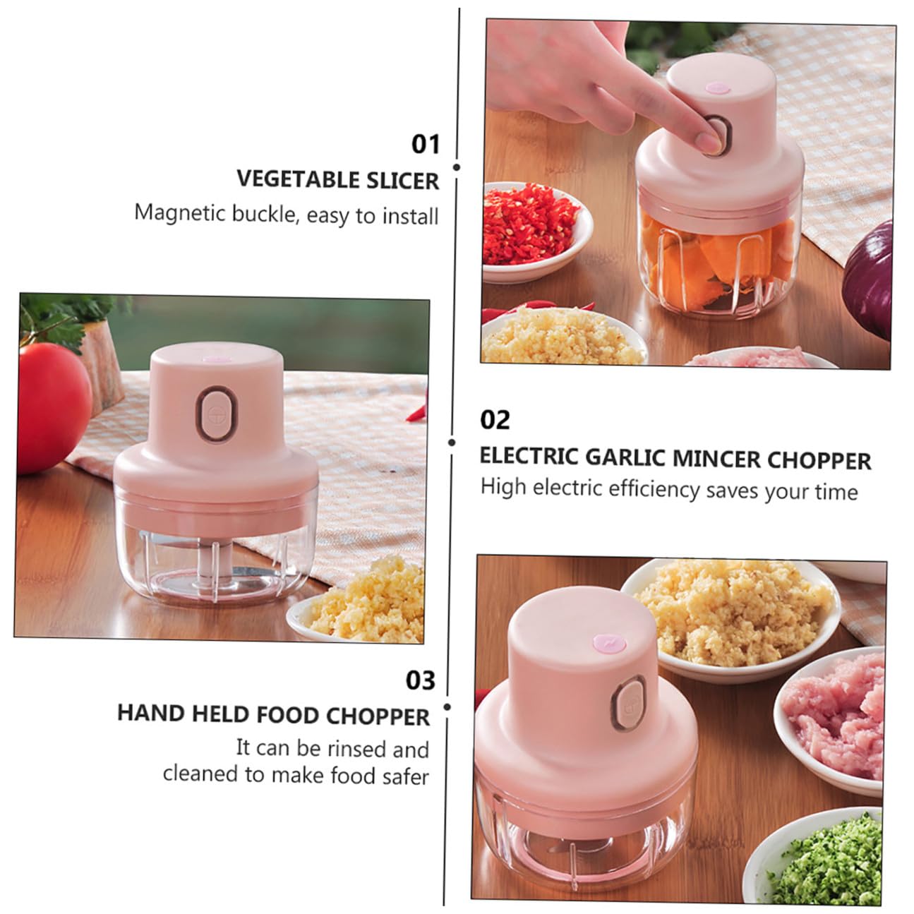 SOLUSTRE Tritatutto Elettrico da Cucina Multifunzione 1 Pezzo Capacità 250ml Motore ad Alta Potenza Utensile per Aglio e Verdure Rosa