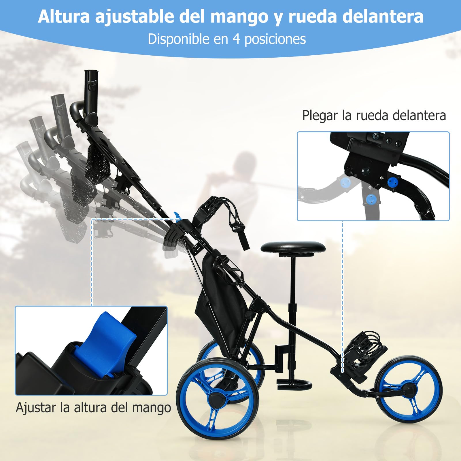 COSTWAY Carro de Golf Plegable 3 Ruedas con Altura Regulable, Asiento, Porta Paraguas y Bebidas