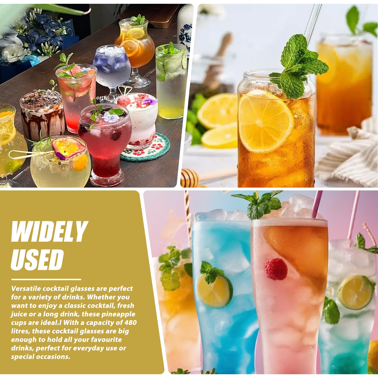 Set di 4 bicchieri di ananas: 400 ml, trasparenti da cocktail con rilievo di ananas, riutilizzabili, per feste, succhi di frutta, long drink, a forma di ananas, perfetti per casa, ristoranti e