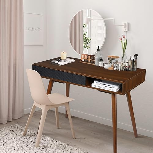 Miniatura 8 de GAOMON Escritorio moderno y simple para oficina en casa, escritorio de computadora moderno de mediados de siglo con cajón, patas de madera maciza y