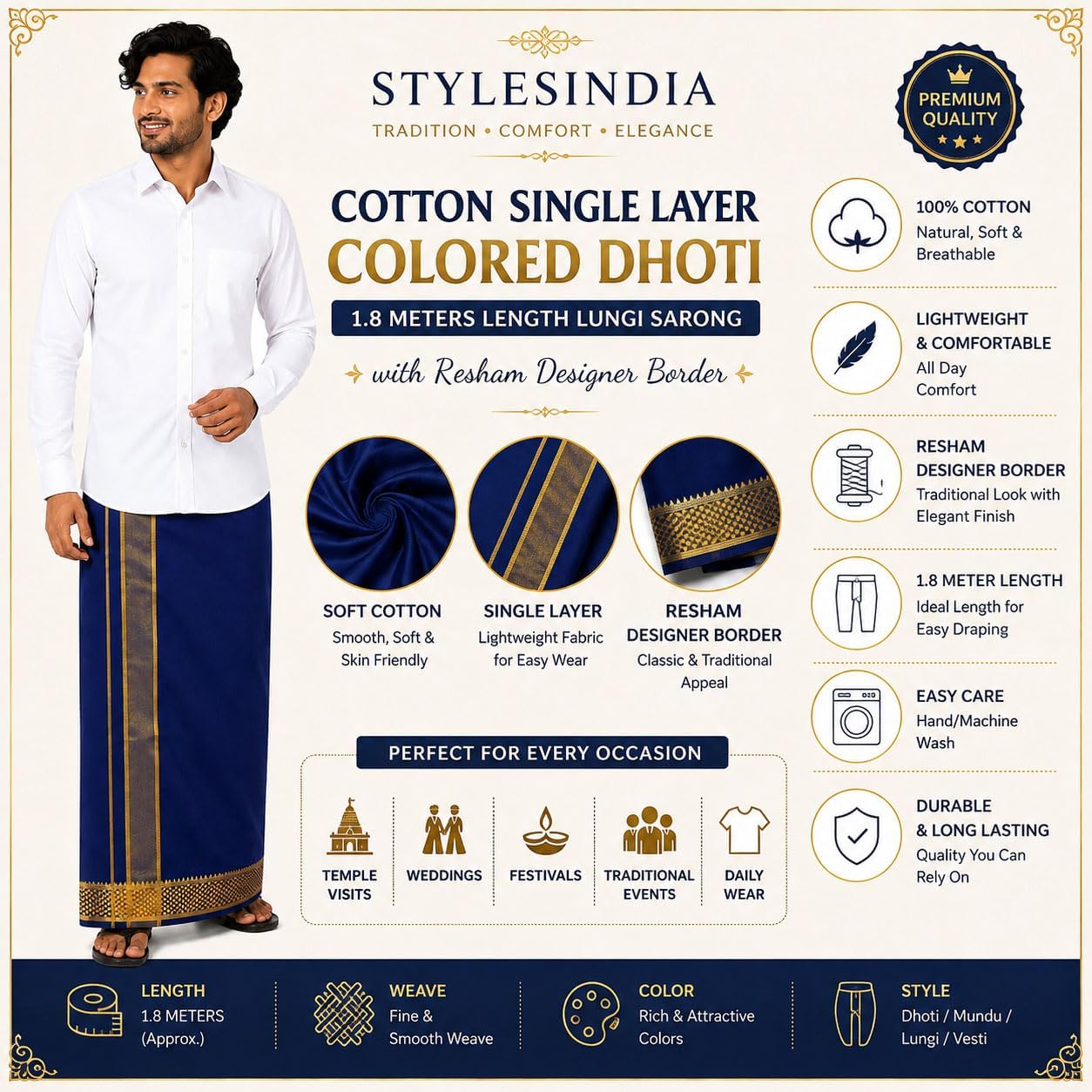 Men’s Cotton Single Layer Dhoti, 1.8 Meter Colored Lungi Sarong with Resham Designer Border