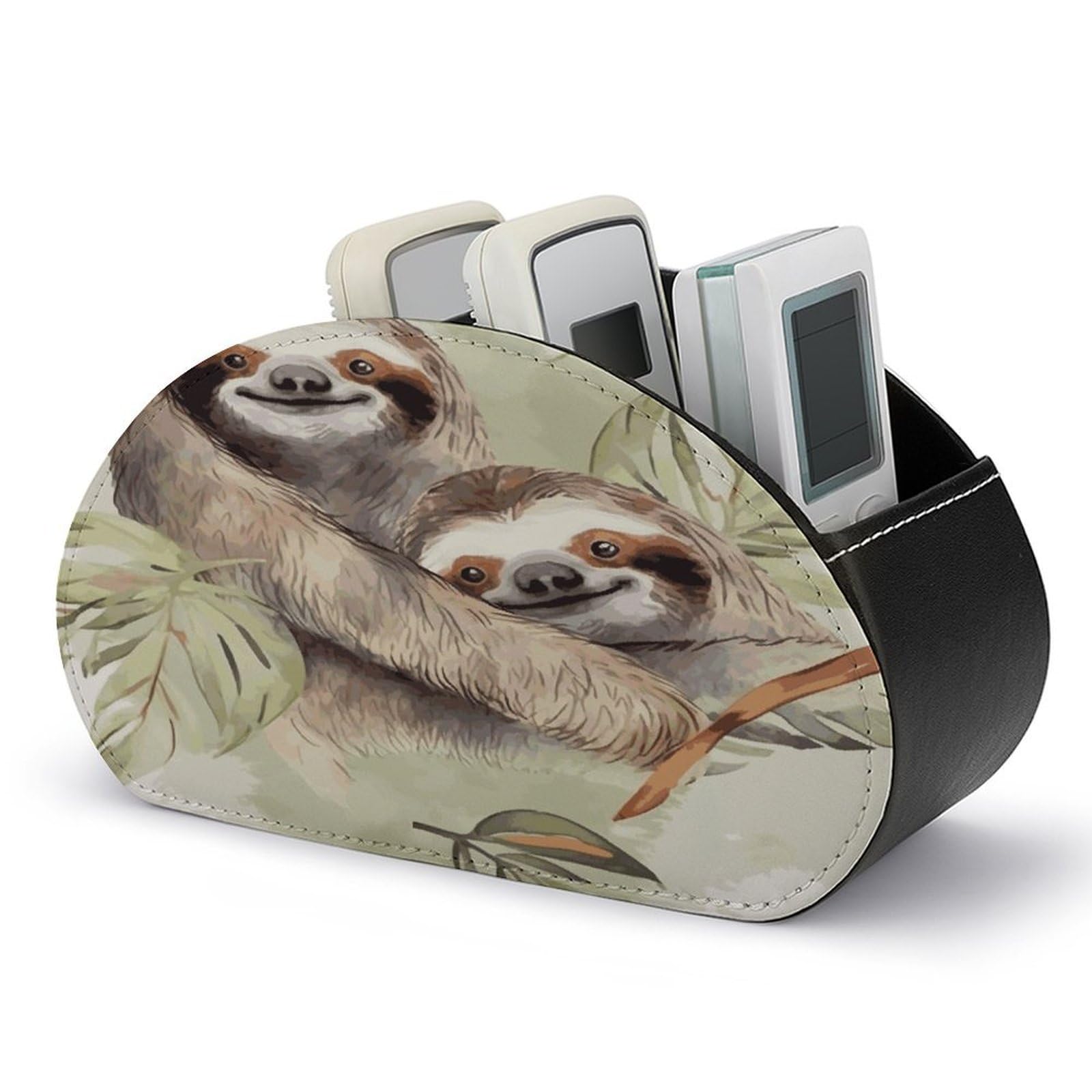 FekiLoot Watercolor Sloth Remote Control Holder, PU Leather Remote Control Organizer Box Stationery Remote Control Box Desk Storage Organizer for DVDs,Glasses,Pens,Media Players