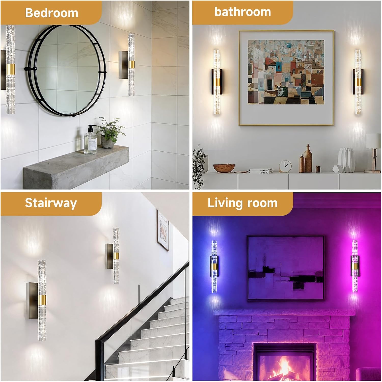 Crystal Battery Operated Wall Sconce, Black and Gold Rechargeable Wireless Wall Light Fixtures with Remote Control, 3CCT and 12 RGB Dimmable Wall Sconces Lamp for Bedroom Living Room Hallway