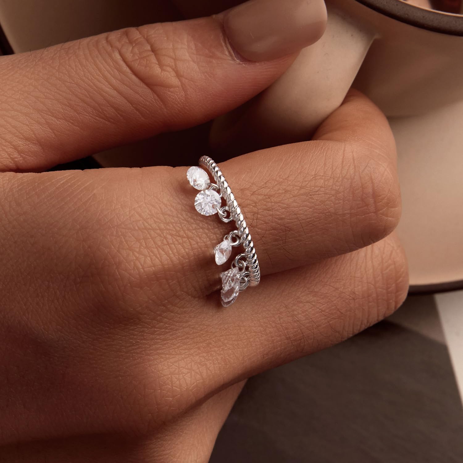 Runde CZ-Quasten baumelnd, offen, verstellbar, Statement-Ringe für Damen und Mädchen, Sterling-Silber plattierter Kristall