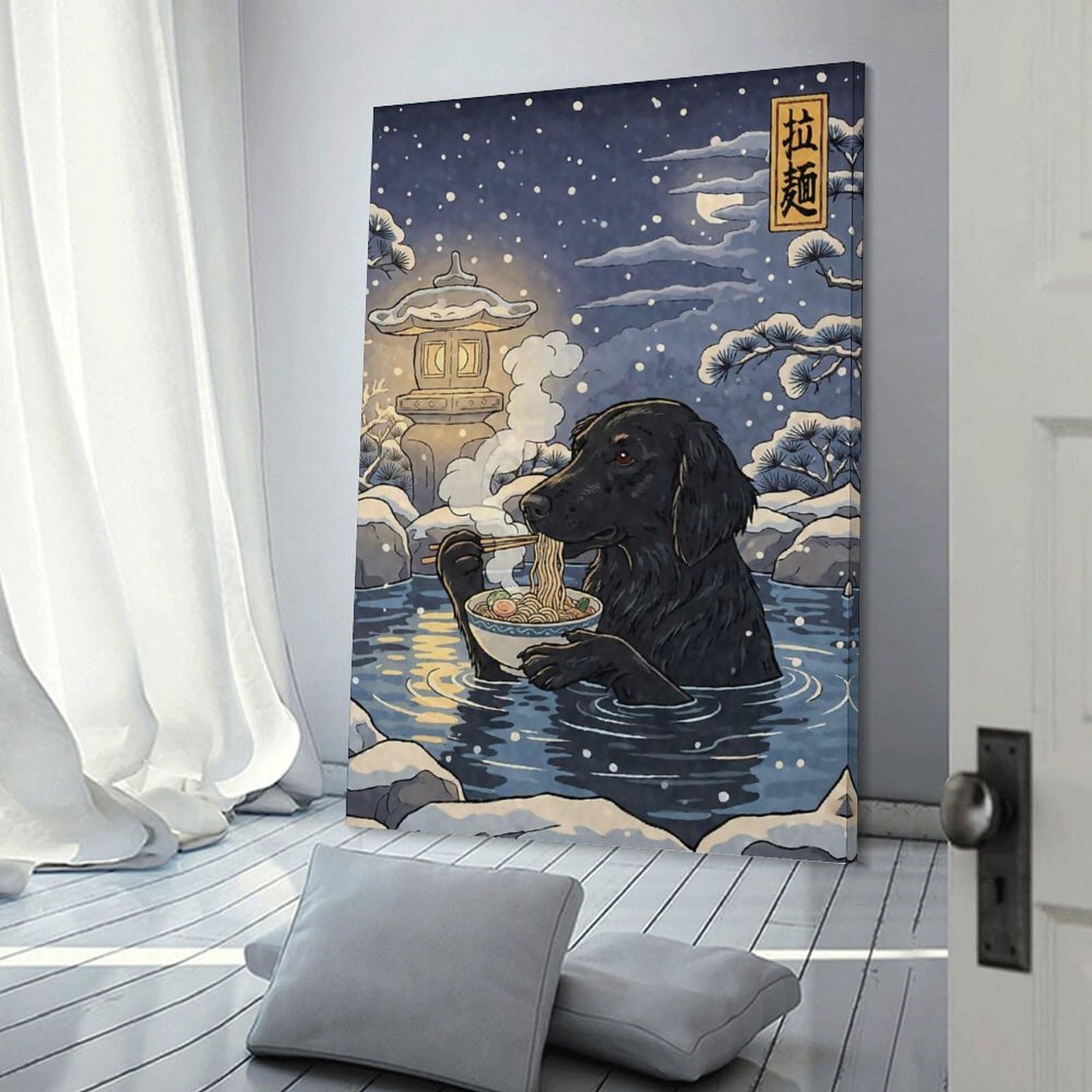 Junmoney Frame-Style-6-1 Flat-Coated Retriever Eating Ramen Decorative Wall Artwork, 24X36inch(60X90cm), For Corridors, Hallways Or Apartment Entries, Home Artwork For First Impressions