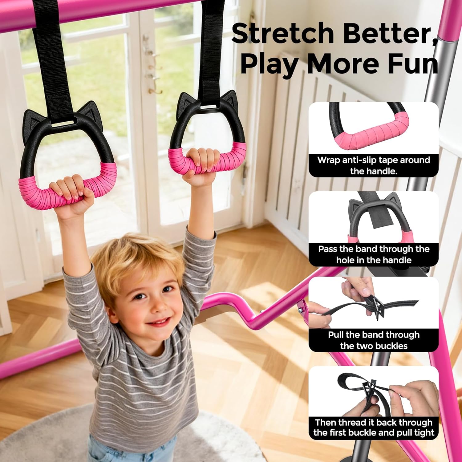 Sportsroyals Gymnastics Bar for Kids,Adjustable Height Gymnastic Horizontal Bars,Folding Gymnastic Junior Training Kip Bar for Home, Pink