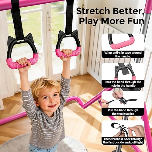 Miniatura 5 de Sportsroyals Barra de gimnasia para niños, barras horizontales de gimnasia de altura ajustable, barra de gimnasia plegable para el hogar, color rosa