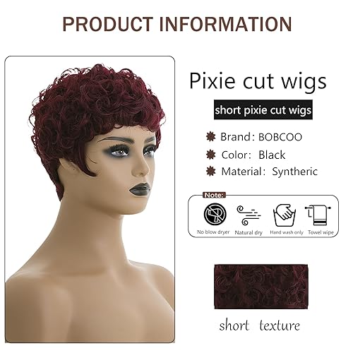 Miniatura 9 de BOBCOO Pelucas cortas rizadas para mujeres negras, peluca de corte pixie negro natural, pelucas de corte corto para mujeres, pelucas de corte pixie