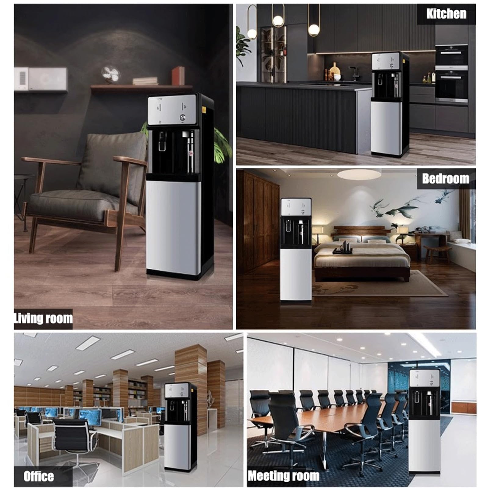 Distributore d'acqua a caricamento automatico, refrigeratore d'acqua a pavimento con uscite for acqua calda, a temperatura ambiente e fredda for bottiglie da 3 o 5 galloni.
