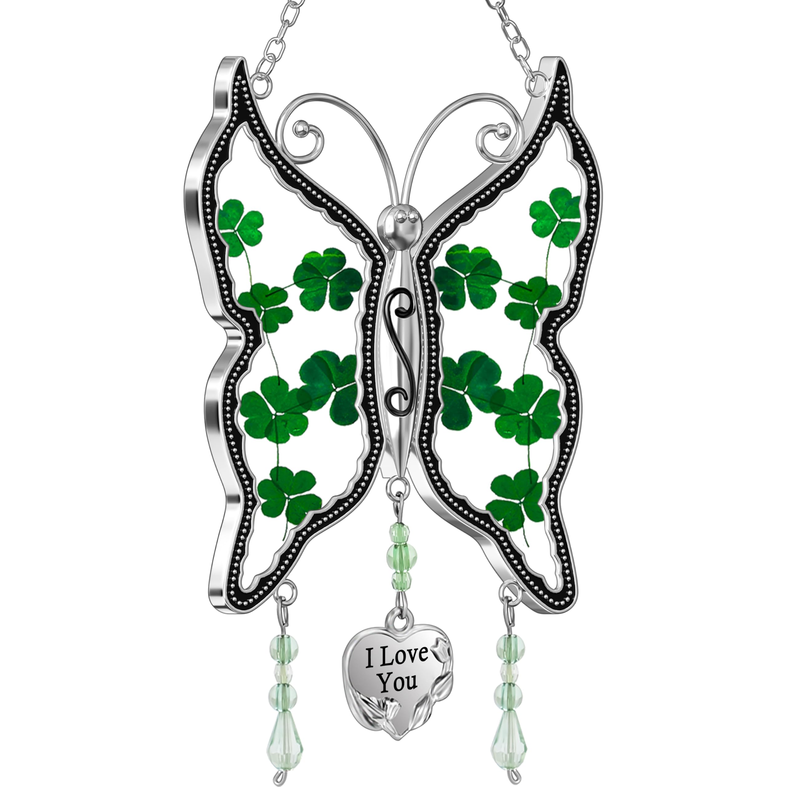 KY&BOSAM Shamrock Butterfly Suncatcher I Love You Irish Stained Glass for Windows Hangings Ornament for Wind Chiem Real Flower Wings Gift fo Women St