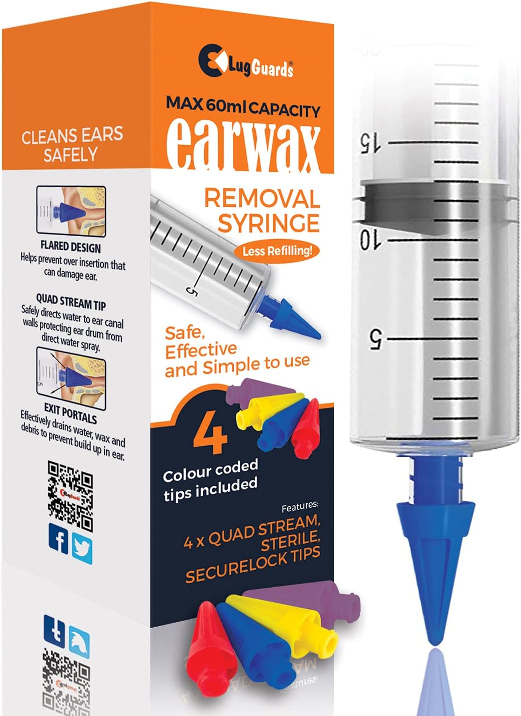60ml HIGH Capacity Quad Stream Ear Wax Removal Syringe with 4 STERILE Colour Coded Tips