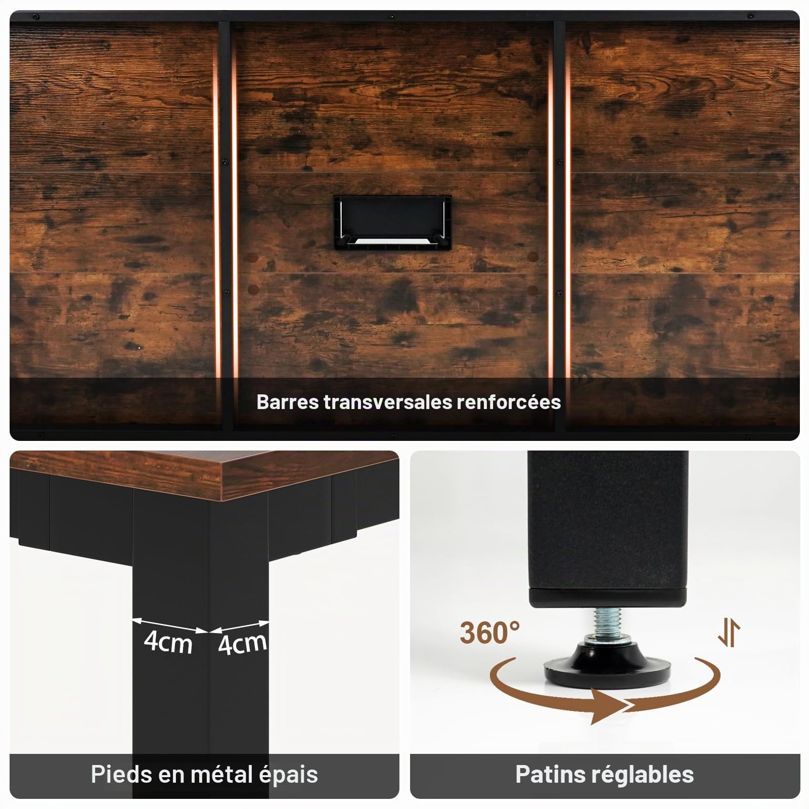GIANTEX Table de Conférence Carrée 180 x 90 cm, pour 8 à 10 Personnes, Table de Séminaire, Trou pour Câble, Pieds en Métal, Style Industriel, pour pour Salle de Réunion, Breau, Marron Rustique