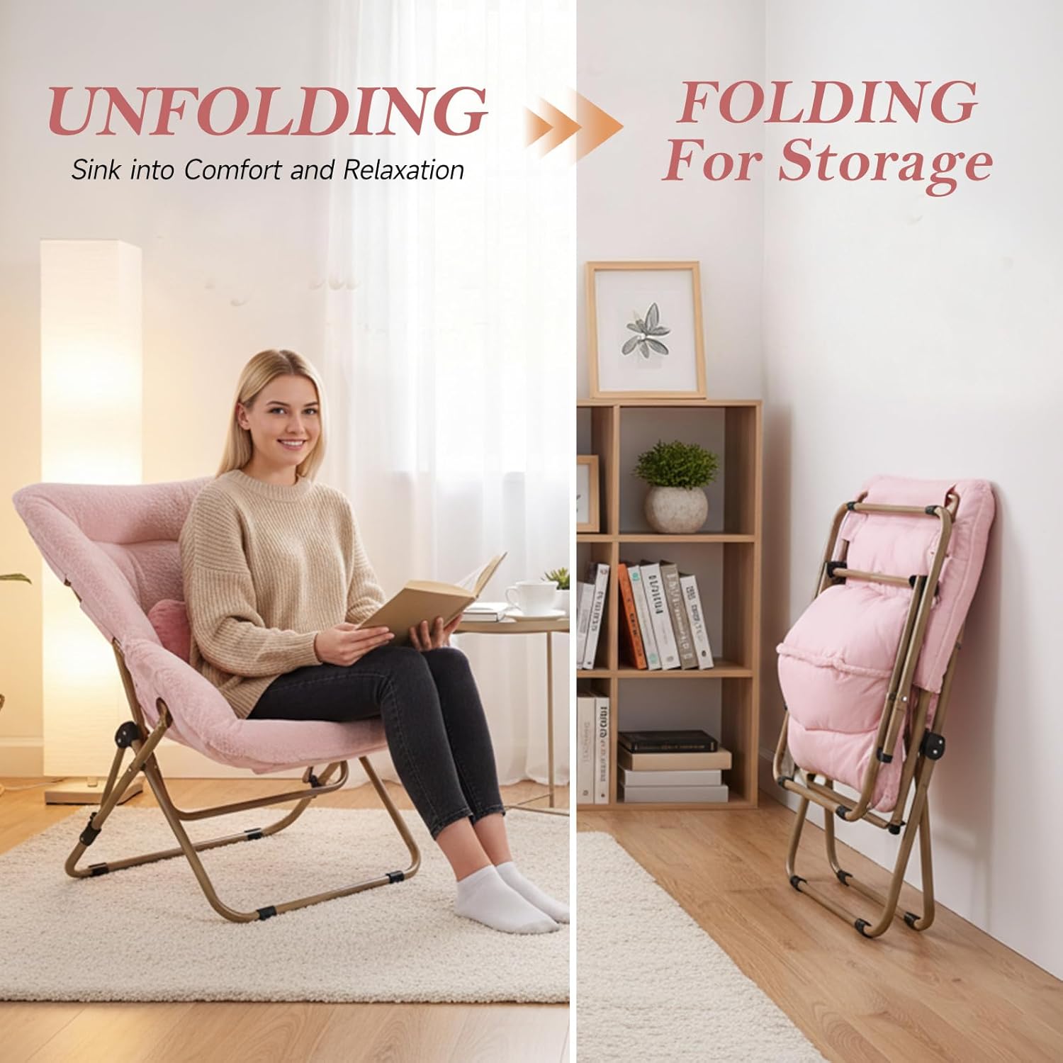 Furlide Dorm Chair with Ottoman, X-Large Soft Saucer Chair, Oversized Folding Faux Fur Accent Chair, Foldable Metal Frame Chair for Bedroom, Living Room (Pink)