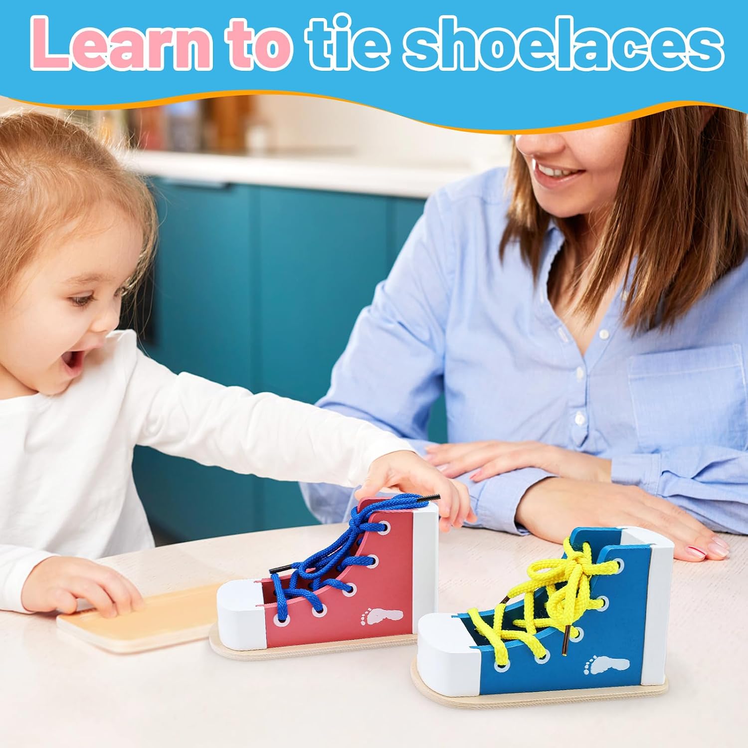 2 Pack Wooden Shoe Tying Practice Kit with Blue and Pink Laces, Instructional Lacing Technique Aid for Fine Motor Skills Development (Blue,Pink)