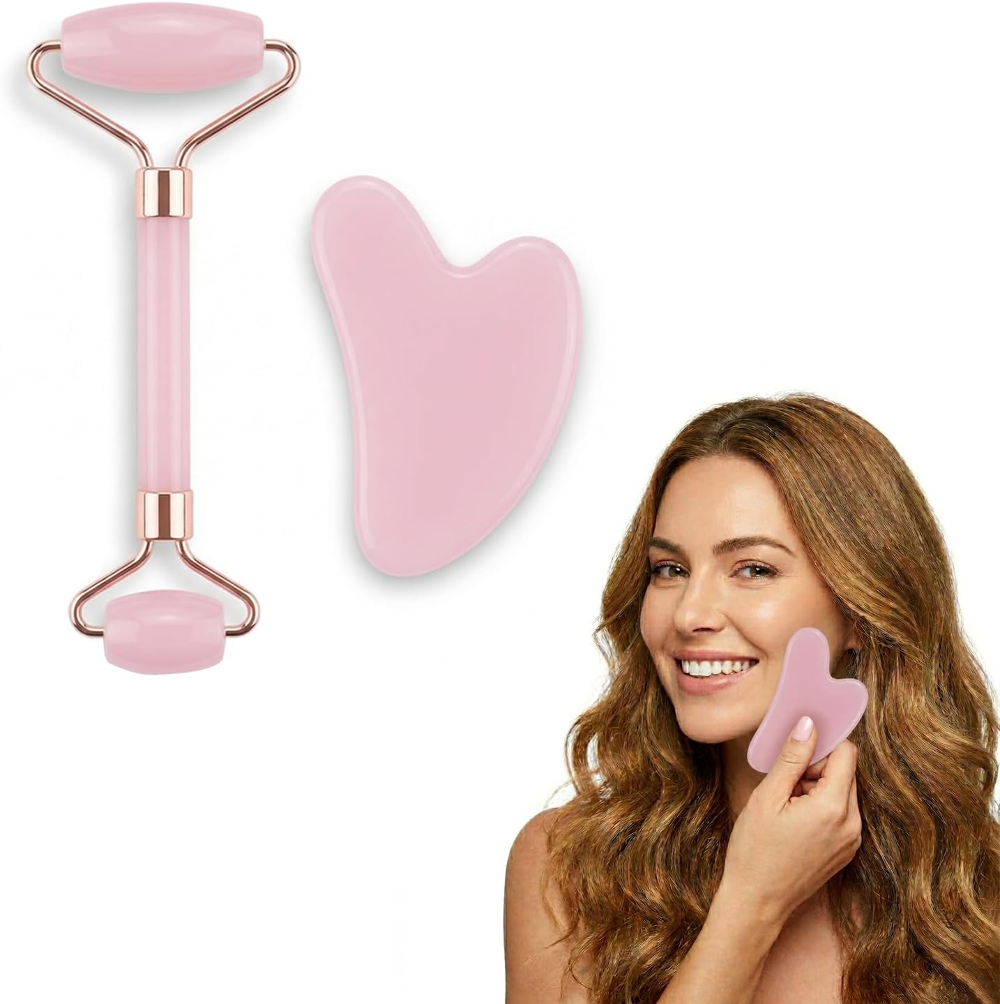 Gua Sha Facial Tools & Rose Quartz Jade Roller for Face - Massage Massager Set for Women Skin Care, Cooling Eye Roller, Jawline Sculpting Tool & Neck Contouring