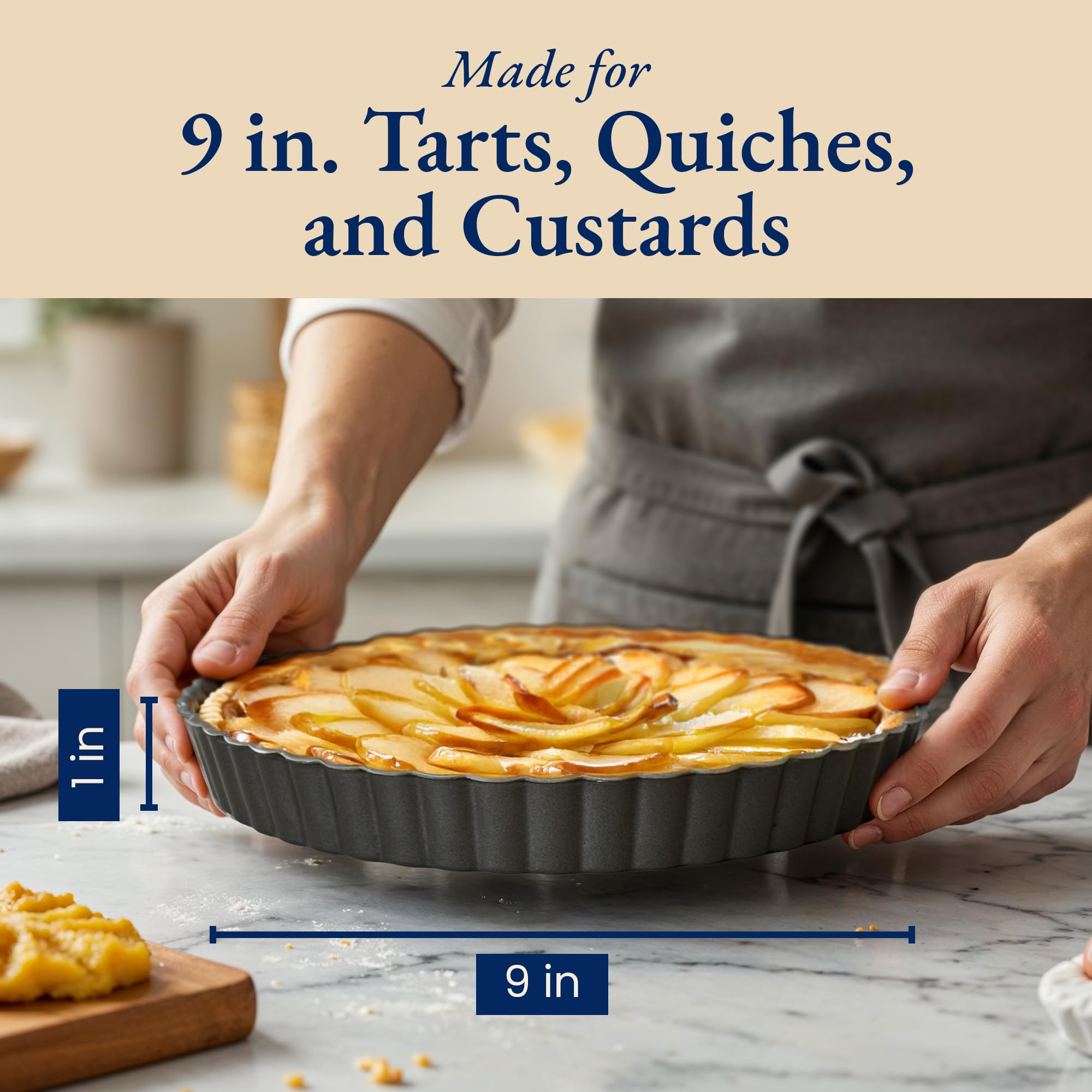 Patz&Patz Moule à tarte cannelé classique avec fond amovible – 22,9 cm – Moule à tarte anti-adhésif en acier carbone avec anneau façonneur de croûte – pour tartes, tartes et quiches