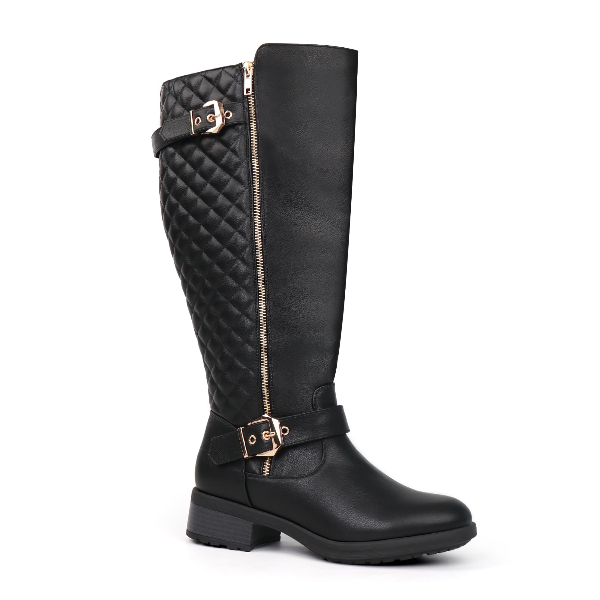 Botas de montar hasta la rodilla extra anchas para mujer, estilo retro, con doble hebilla, estilo chic, para otoño
