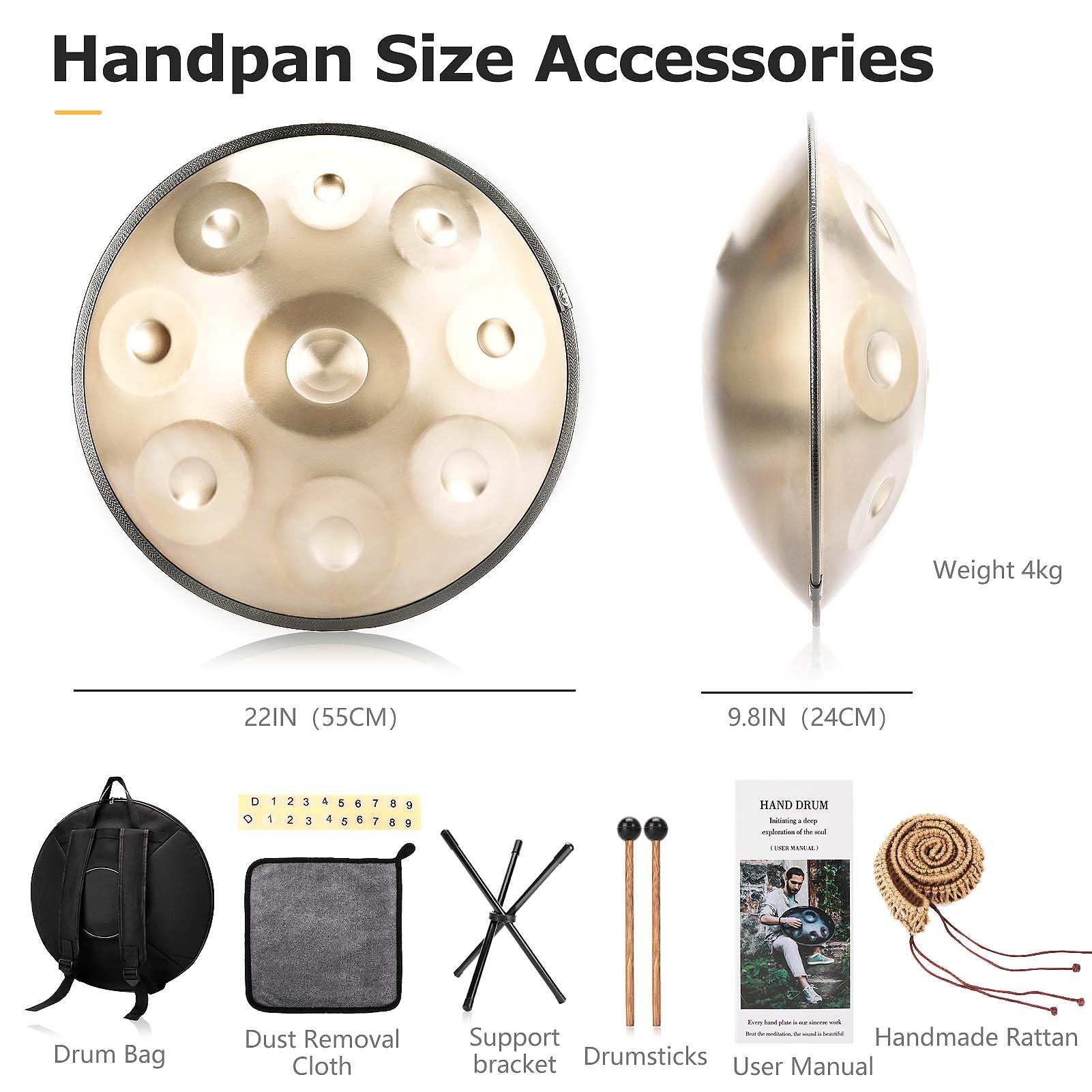 Handpan Drum, 22 Zoll 9/10/12/ Note 432/440 Hz Steel Tongue Drum in D-Moll Steel pan für Yoga-Meditation, Klangheilung (Gold, 9 Töne- 432Hz)