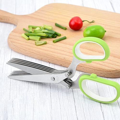 Miniatura 4 de Juego de tijeras gourmet para hierbas multiusos con 5 cuchillas de acero inoxidable, pelador de hierbas, peine de limpieza de cubierta de seguridad