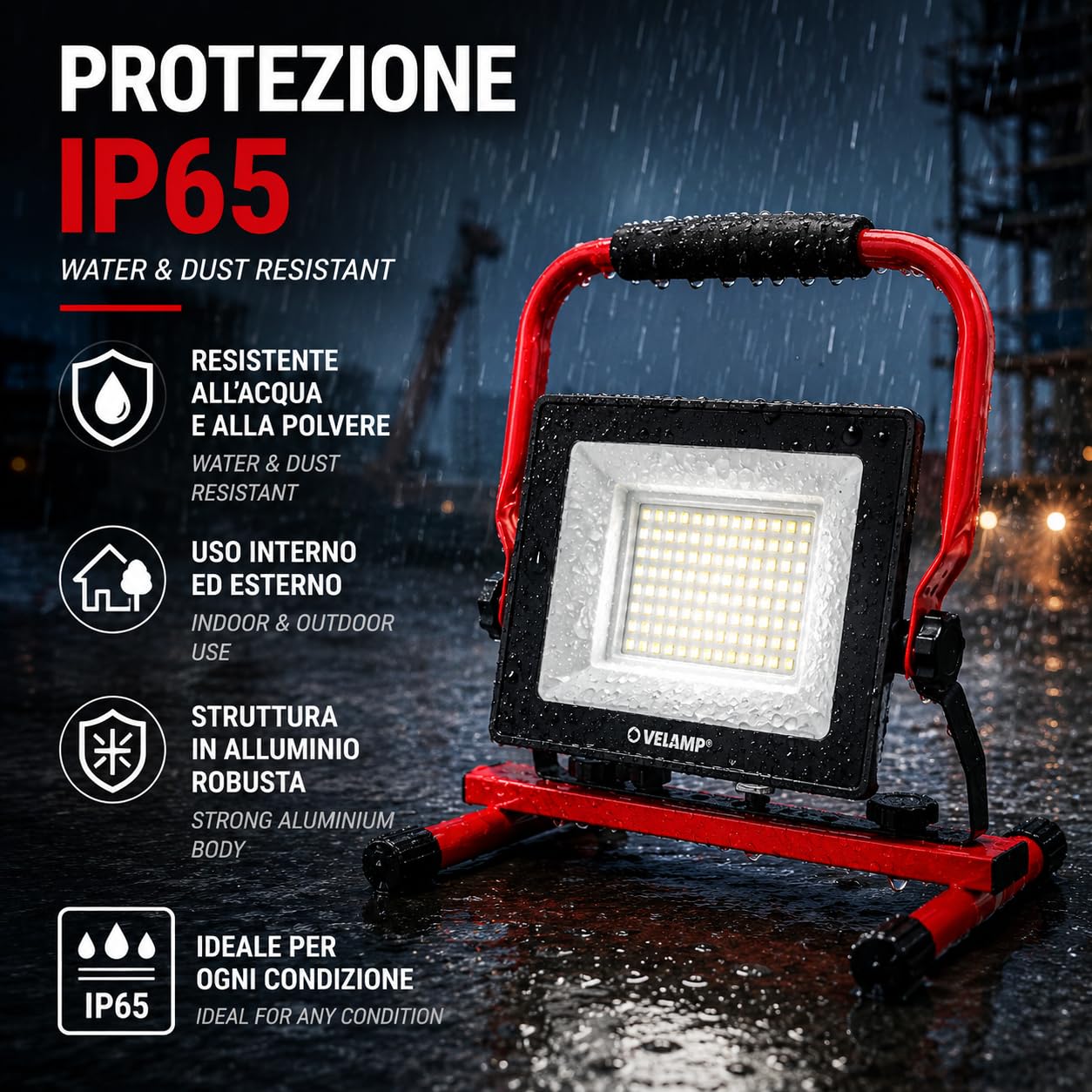 Reflektor budowlany LED o mocy 4500 lm (50 W); lampa robocza z kablem 2 m; wodoodporny IP65, z regulowaną podstawą i łatwy w transporcie. Naturalne światło o barwie 4000 K. Idealny do pracy, na