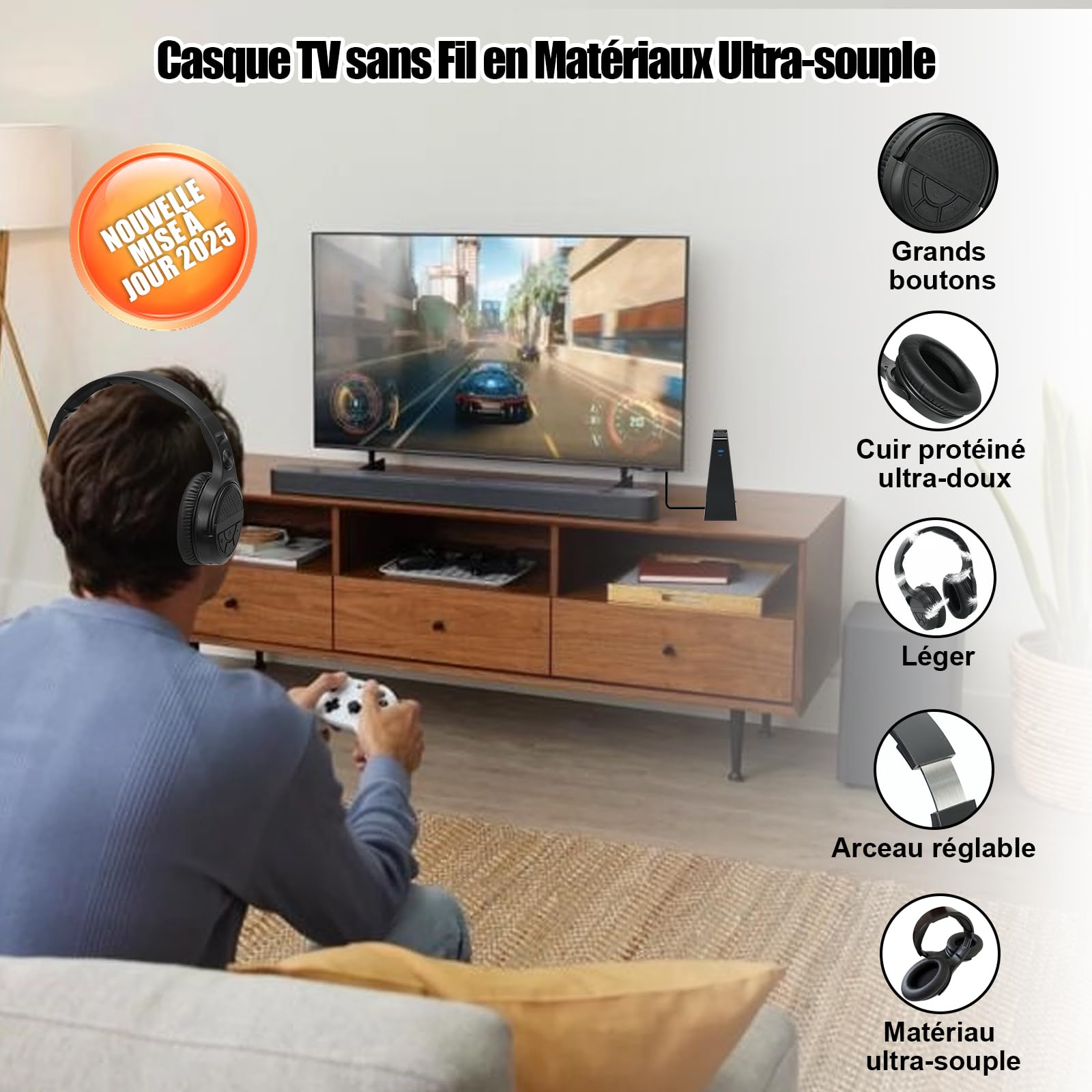 Casque TV sans Fil avec Base de Recharge, Casque sans Fil pour Regarder la Télévision, Gros Boutons de ContrôLe du Volume et Amplification du Son pour Les Personnes âGéEs, Casque LéGer et Confortable