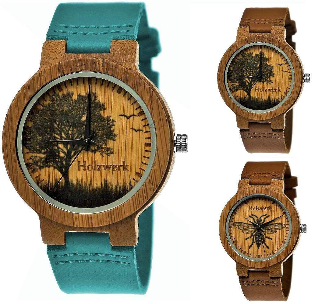 Holzwerk Germany Handgefertigte Designer Damen-Uhr Herren-Uhr Öko Natur HolzUhr Leder Armband-Uhr Save the Trees Analog Quarz Braun Blau Türkis Baum Biene Natur Motiv Limitiert
