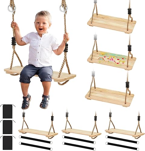 Shappy 3 paquetes de columpio de madera para niños, columpio plano para árbol con bolsa de almacenamiento de cuerda ajustable de nailon, columpio