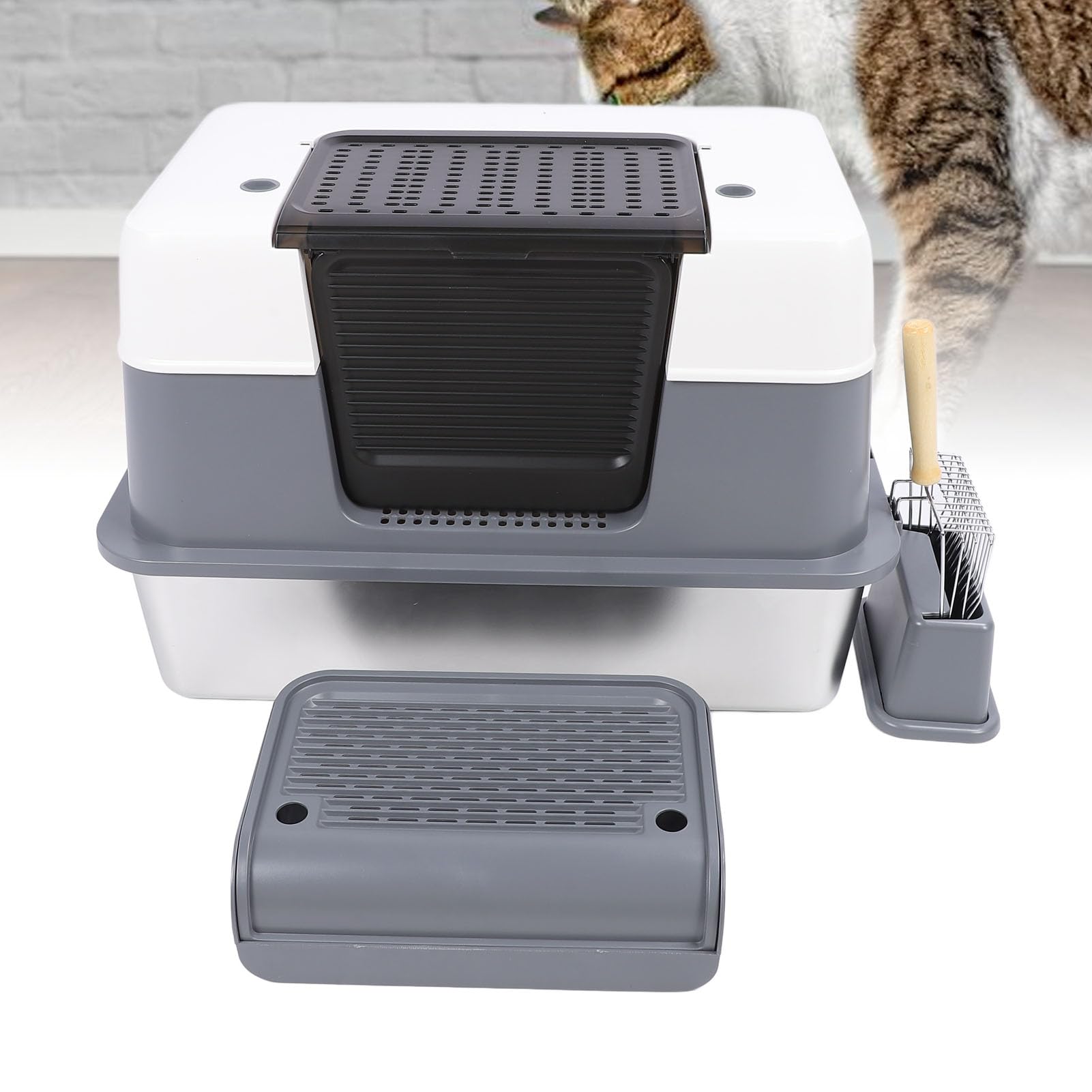 Cryfokt Lettiera per Gatti, Dimensioni Generose Costruzione in Acciaio Inossidabile Controllo degli Odori Filtro Al Carbone Design Antispruzzo Lettiera Chiusa in Metallo con Parte Superiore