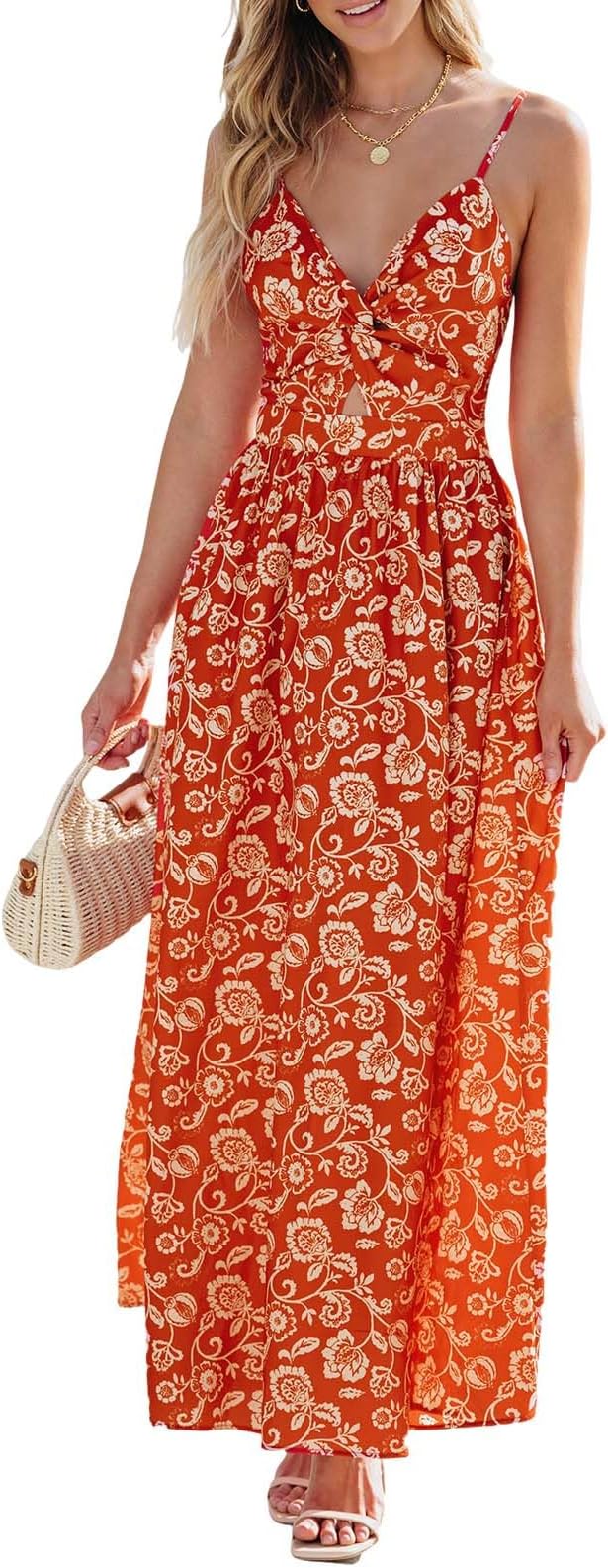 CUPSHE Women's Maxi Casual Dress in Floral Print, V Neck, Sleeveless, Twisted Front, Tie Back, High Waist, A-line, for Summer, One Size, CAA05A3E080RR