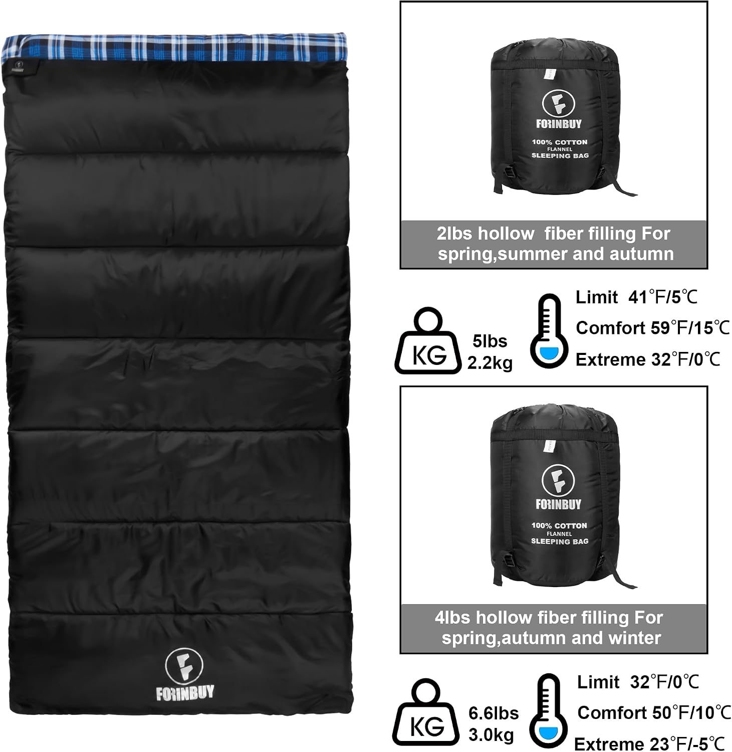 Flannel Sleeping Bag for Adults Big and Tall, XL Cold Weather Cotton Sleeping Bag for Camping, Backpacking Or Hiking, Waterproof Machine Washable Camping Essentials with Compression Sack