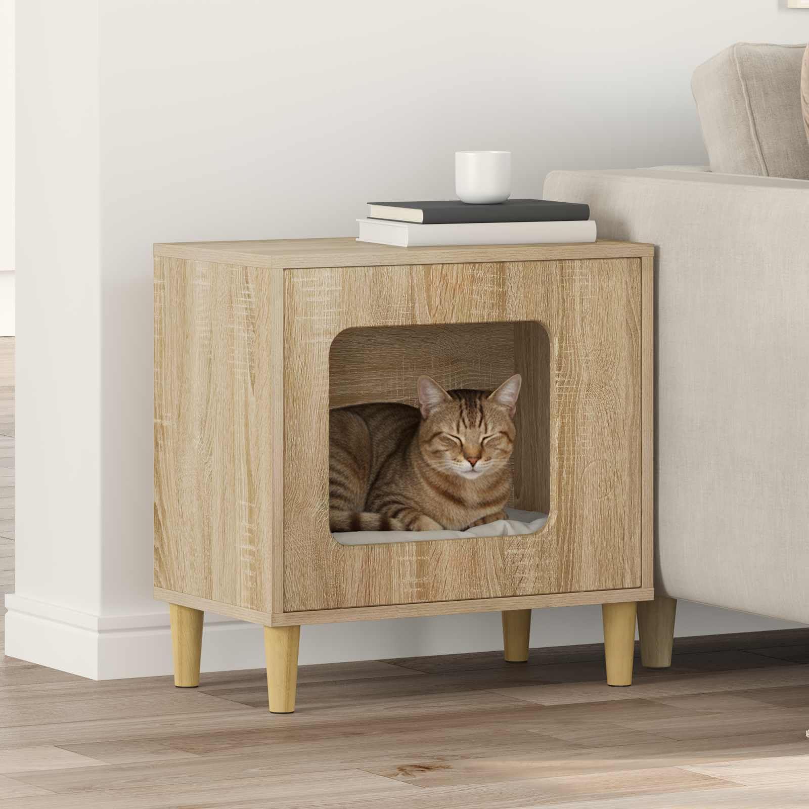 Katzenhaus Sonoma Holzwerkstoff 51 x 30 x 52 cm stabil für Wohnzimmer, Kratzbaum Katze mit Klettern, Kratzbrett, Höhle, Sisal Kratzmöbel, Spielturm Zubehör