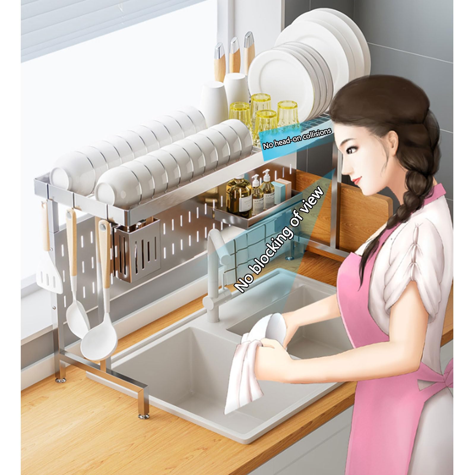 Escurridor de platos, estante de almacenamiento extensible de acero inoxidable para fregadero, diseño estable para platos, vasos, cuencos y cubiertos, organizador de cocina multifuncional
