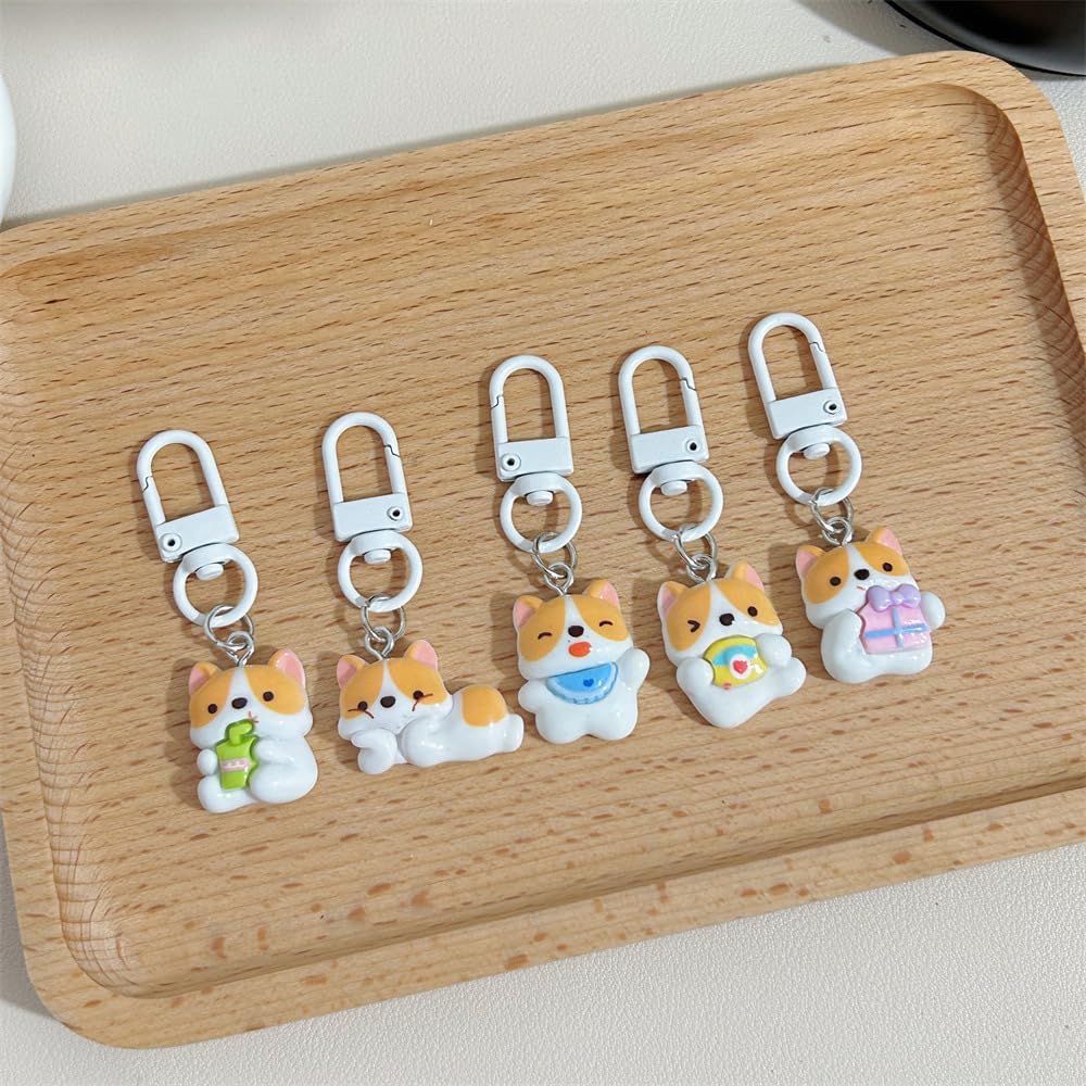 5 Pcs So Fun Puppy Keychains Women Lovely Purse Charm Resin Corgi Dog Bag Charms Cute Auto Metal White Keyrings Teens Anime Key Ring Cute Zipper Charm - Image 2