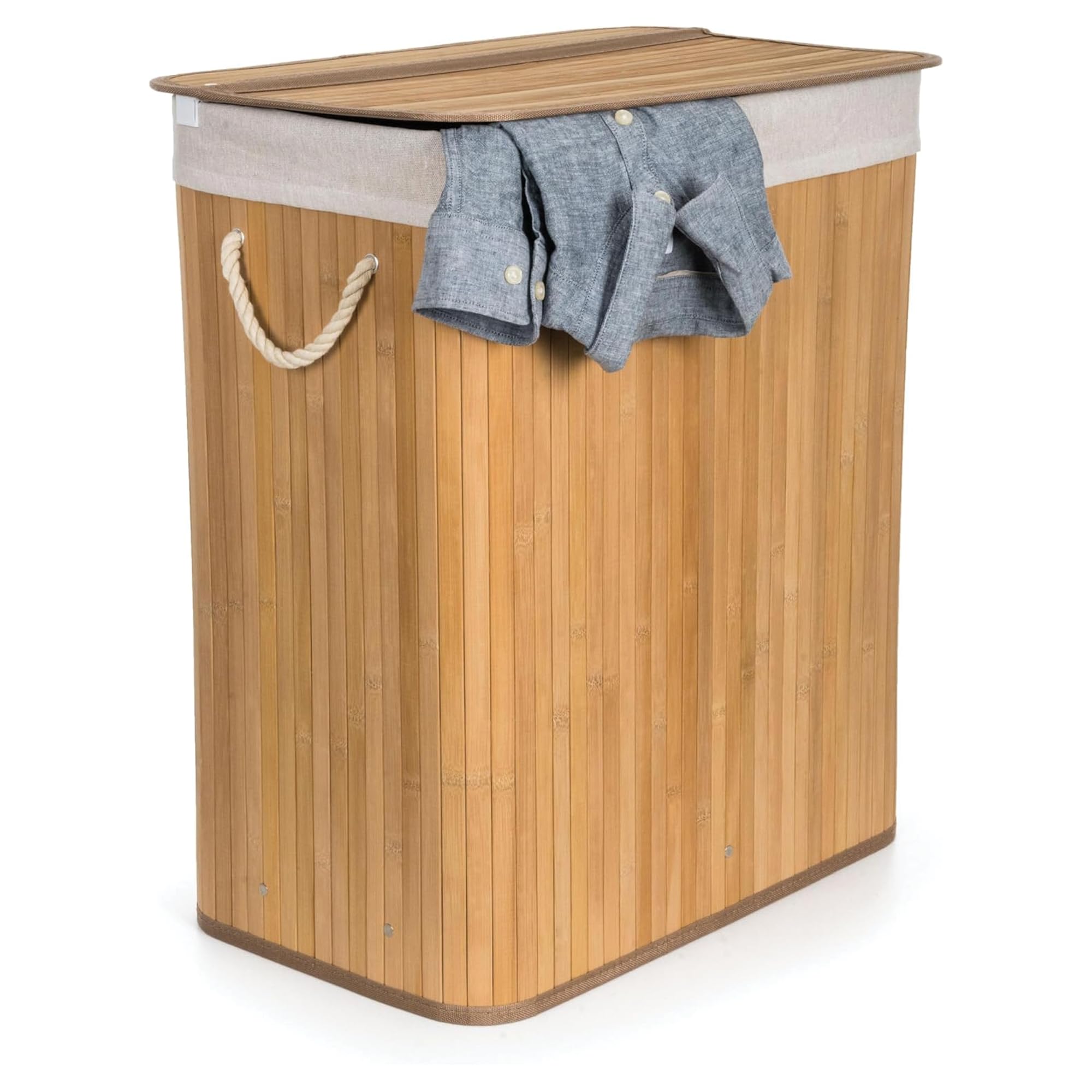 Comart - Wäschekorb aus Bambus - 100 l - 2 Fächer - platzsparender Korb - zusammenklappbar - mit Deckel und Griffen - herausnehmbares Innenfutter - für Handtücher und Wäsche - für Wäsche und Bad