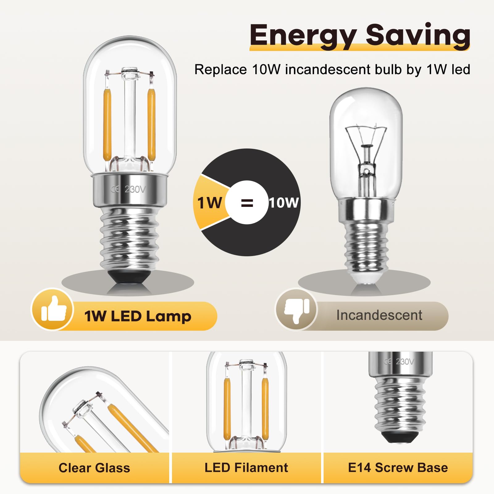 Morotty Żarówka LED do lodówki E14 ciepła biel 2700 K, może zastąpić halogenowy 10W-15W, żarówka karłowata T22 LED SES żarówka do lodówki 230 V, do żarówek do lodówek, żarówek do maszyn do szycia