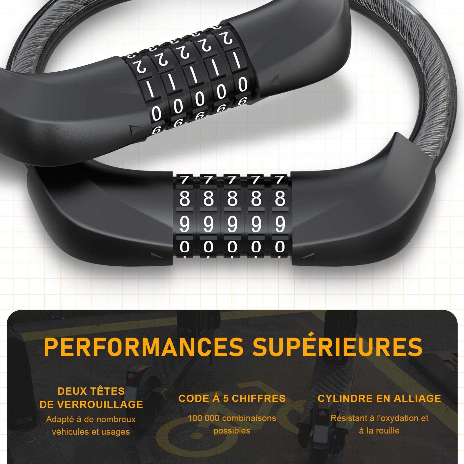 Cadenas Trotinette Electrique, Antivol Trotinette Electrique 105 cm, Cadenas à Combinaison à 5 Chiffres, Antivol Velo, Cable-Serrure à Double Tête, Accessoires Trottinette Electric