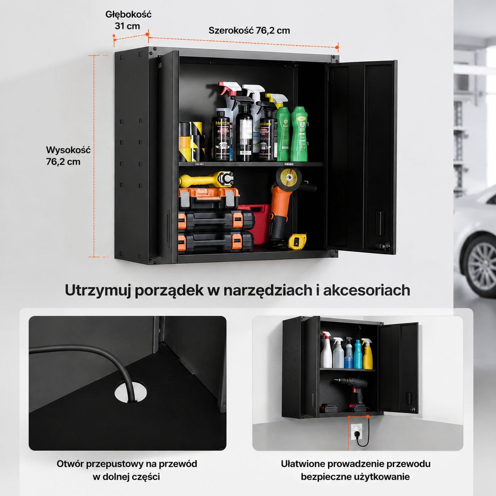 Stalowa szafka ścienna, czarna, zamykane drzwi, regulowana półka, do garażu, piwnicy, kuchni i magazynu