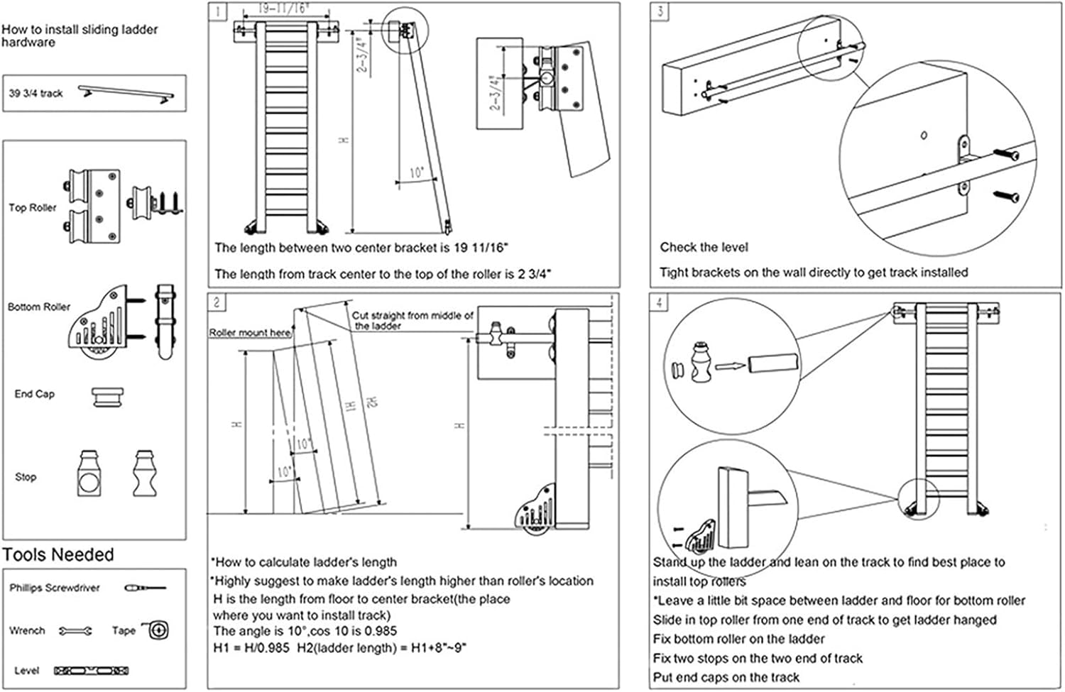 Rolling Ladder Hardware Library Sliding Ladder Hardware Kit, with Floor Rollers, Carbon Steel Sliding Ladder Hardware Accessories, for Home/Library/Cloakroom, Easy to Install (Size : 200cm(6