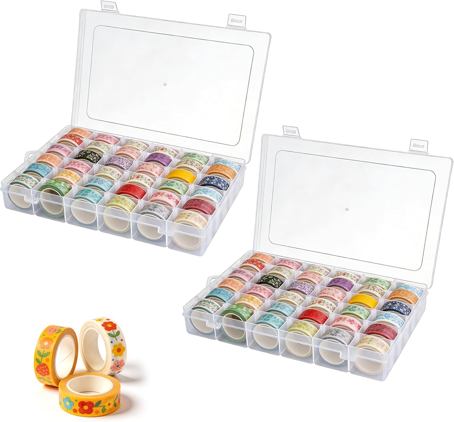 2 Pack Washi Tape Organizer Box, 36 Grids Clear Plastic Box with Removable Dividers, Ideal for Washi Tape Storage and Carrying, Suitable for Storing Stationery, Beads, Art DIY Crafts, Art Supplies
