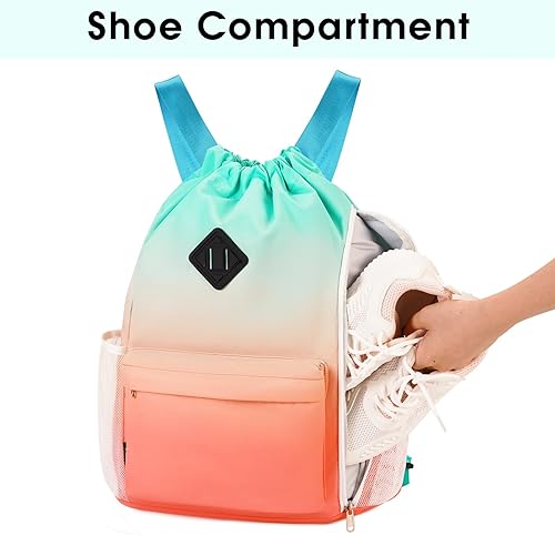 Miniatura 3 de WANDF Mochila deportiva con cordón y compartimento para zapatos, resistente al agua, para mujeres y hombres, Gradiente grande rojo-verde, Mochilas