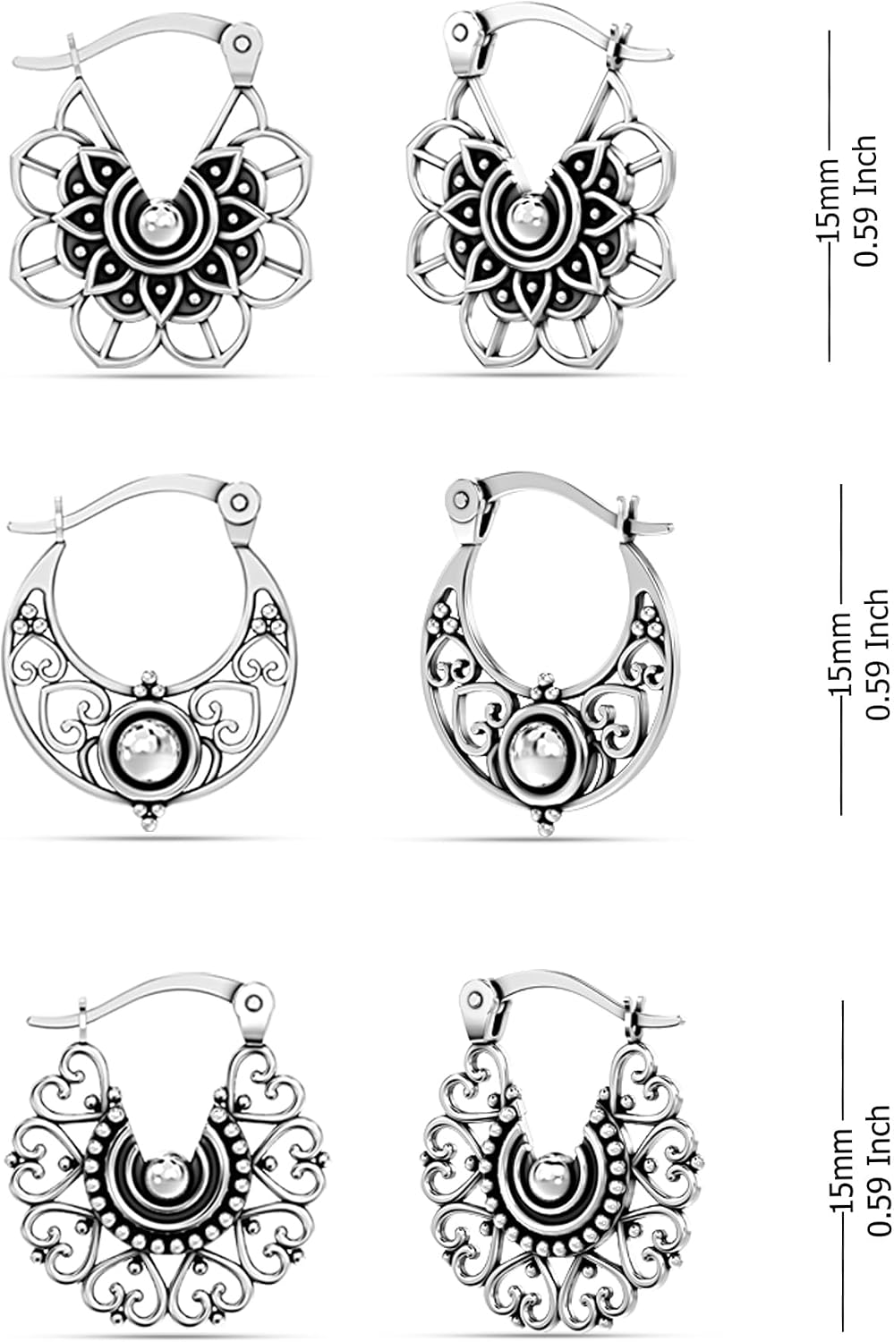 LeCalla 925 Sterling Silver Hoop Earrings | Earring Sets for Women | Set of 2 Pairs & 3 Pairs Balinese Hoops | Multiple Piercing Earring Sets for Women