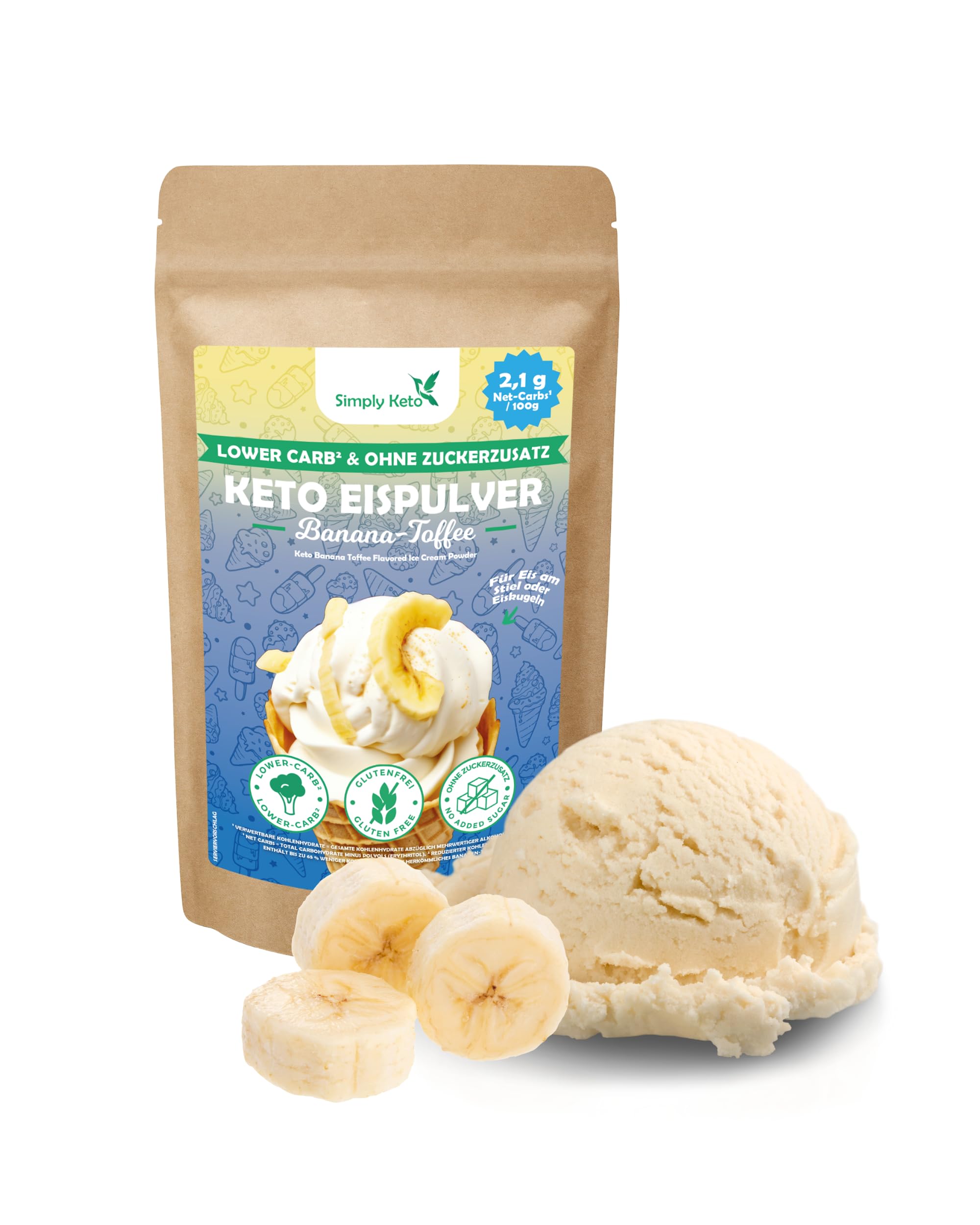 Simply Keto Lower-Carb* Banana Toffee Eis Mix - Cremiges Eis ohne Zuckerzusatz mit nur 2,1 g Netto-Kohlenhydrate - ohne Maltit - Glutenfrei, sojafrei & ketogen - für 10 Portionen (100 g)