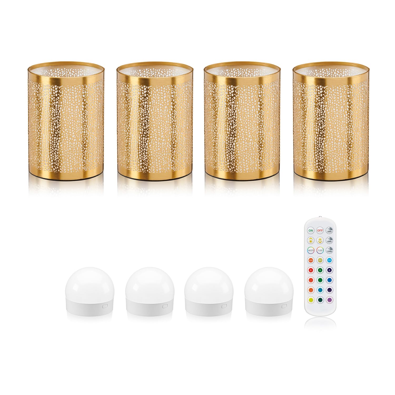 Auraglow Rechargeable Wireless LED Table Lamp with Remote – Battery-Powered, Dimmable, Colour-Changing, Cordless for Restaurants, Bars & Homes (Brass, 4 Lamps, 4 Light Sources, 1 Remote)