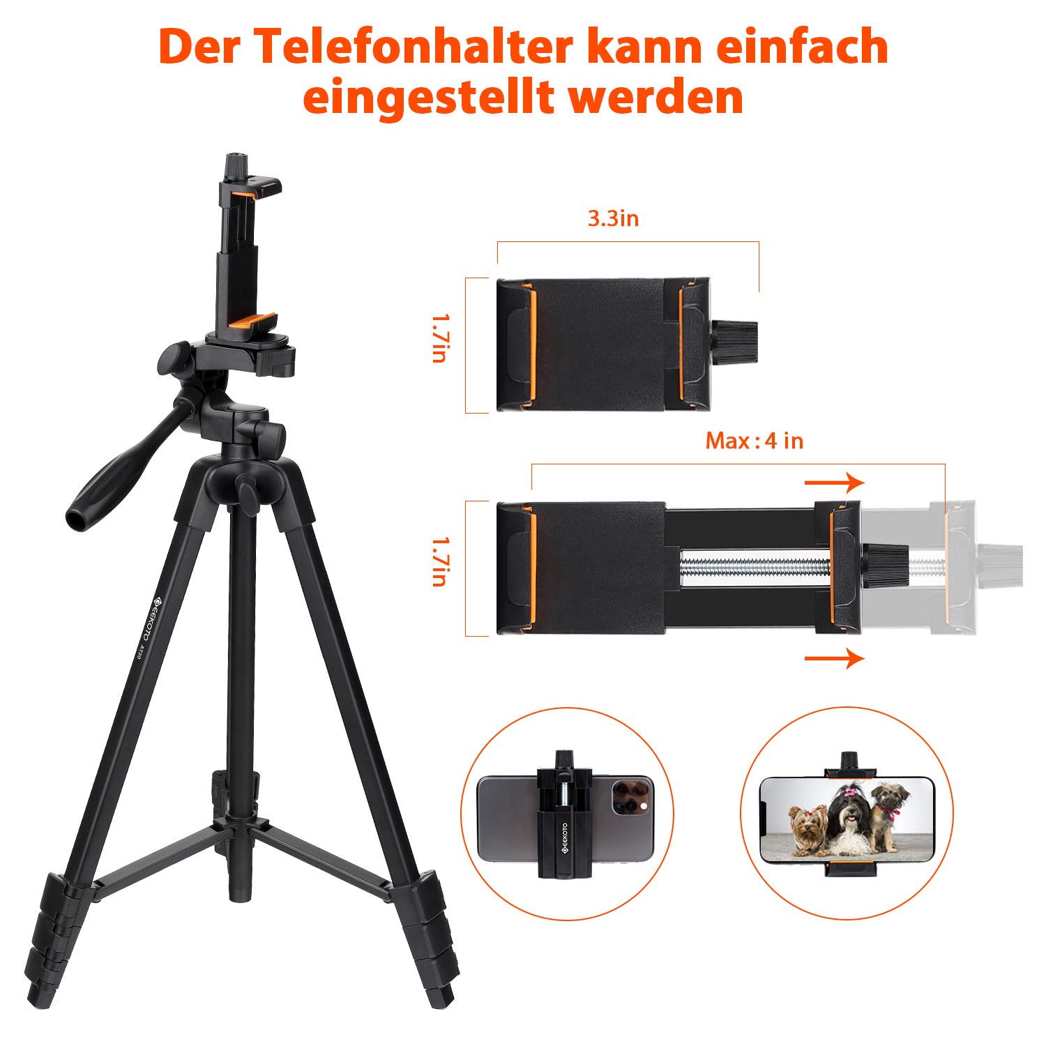 GEEKOTO Handy Stativ Ausziehbar, 54" Stativ für Smartphone mit 360-Grad-Panorama-Drehplattform und 1/4 Universal-Befestigungsschrauben für spiegellose/Gopro/DSLR-Kamera Schwarz