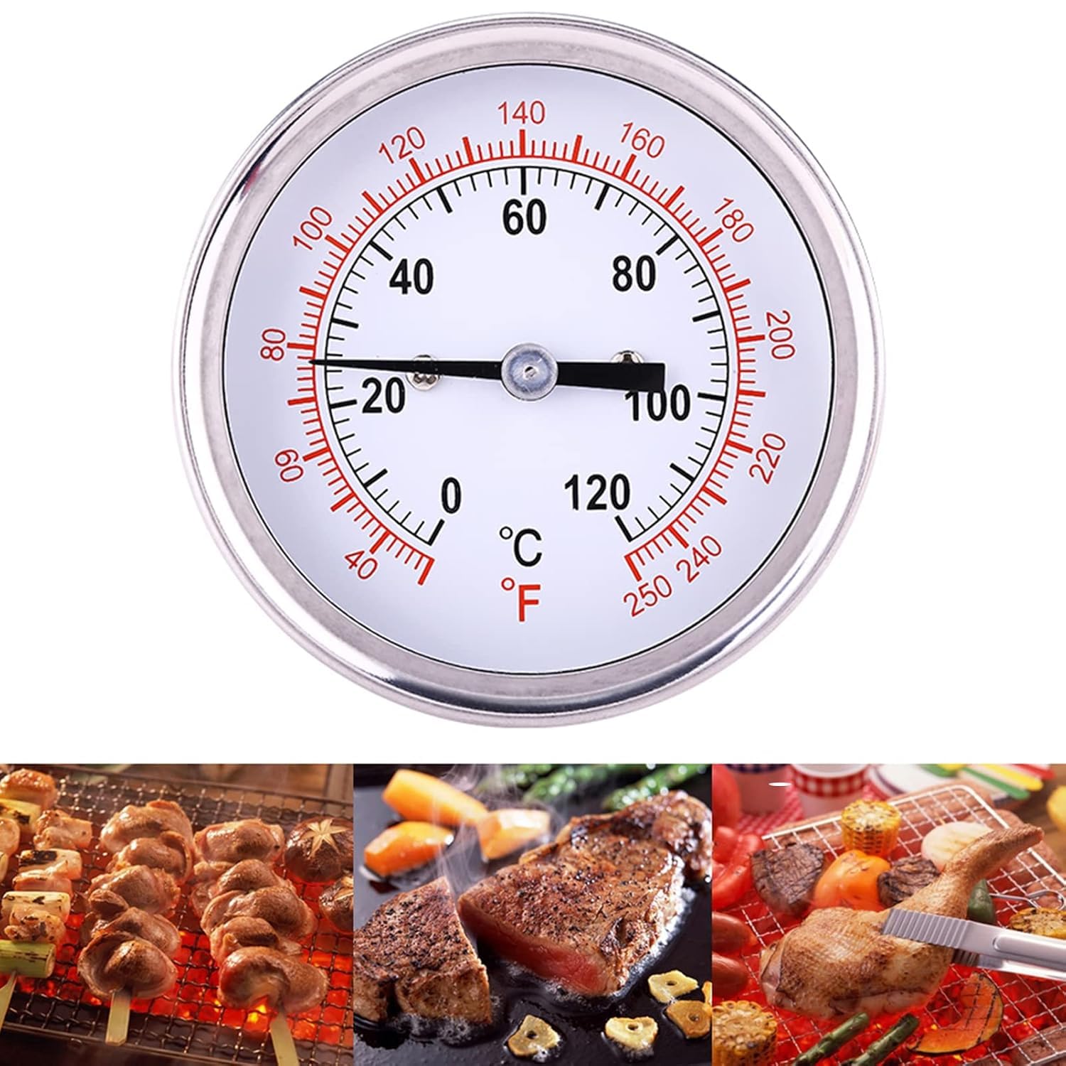 Zerodis Barbecue BBQ Pit Smoker Grill Termometro Temp Gauge Termometro da Esterno in Acciaio Inox Termometro da Forno (0 ° C - 120 ° C)