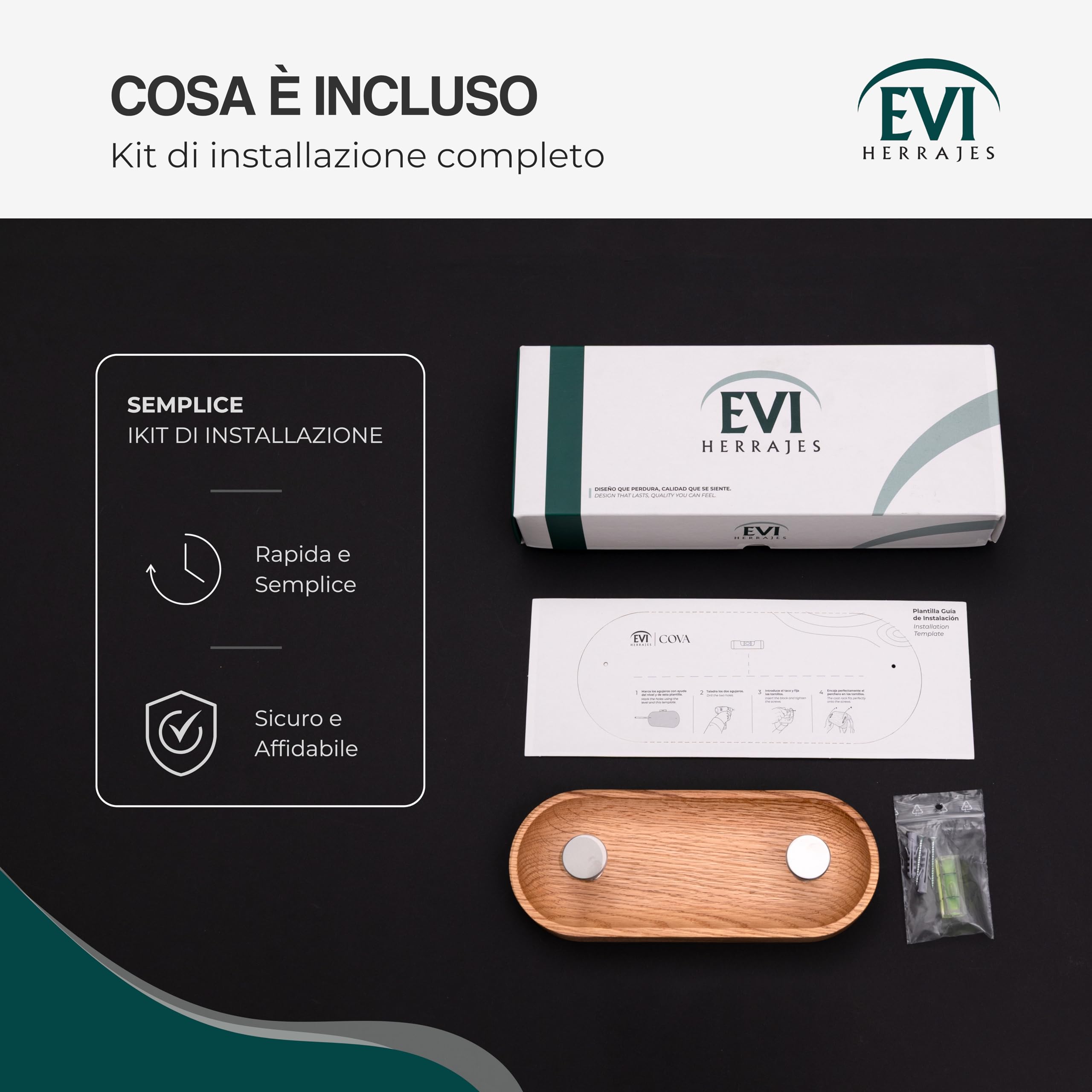 EVI Herrajes | Appendiabiti da parete a 2 ganci | Legno massello di rovere rosso | Ganci in ottone satinato | Kit di montaggio incluso | Mod. Cova 2CRRLMT