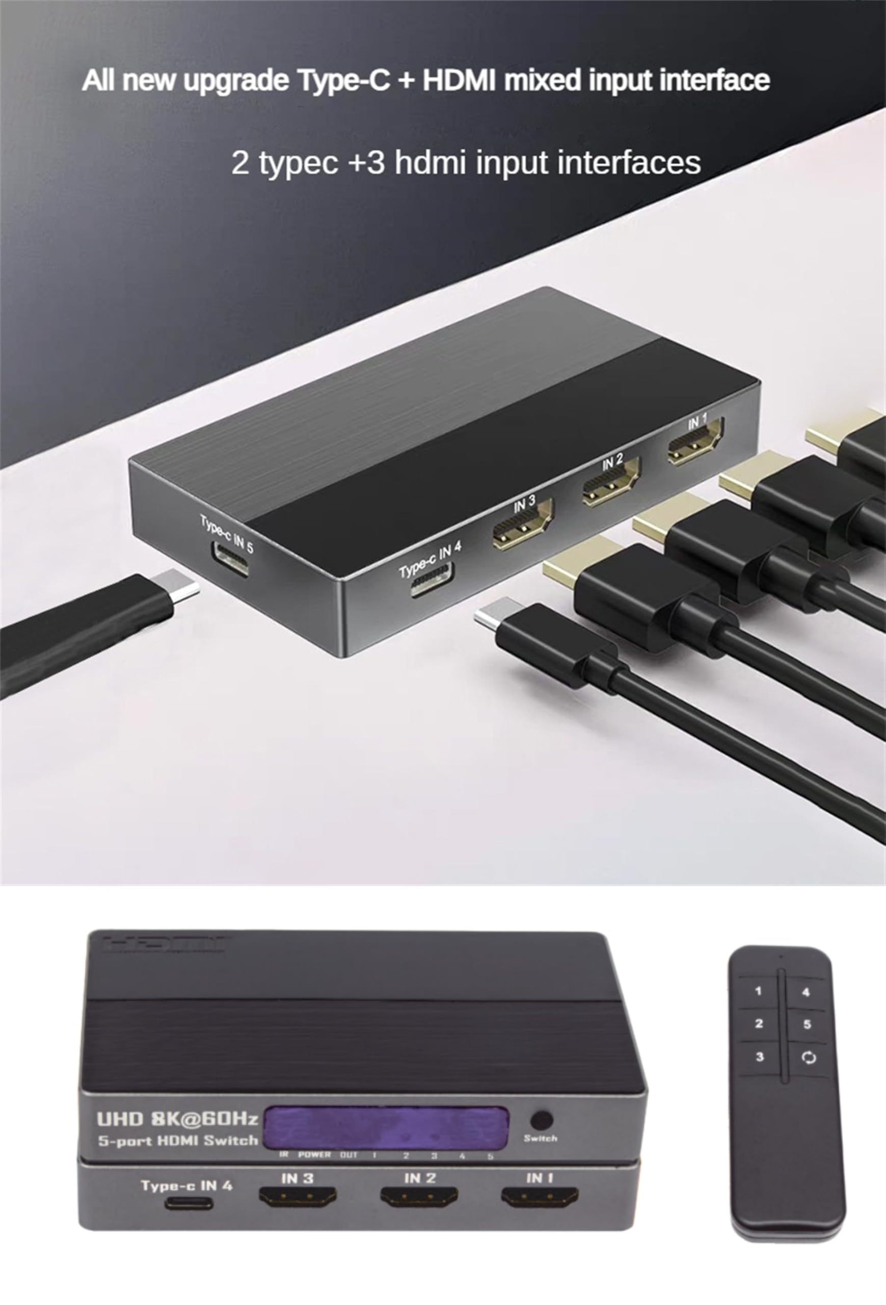 Przełącznik HDMI 2.1 kompatybilny z 8K 60 Hz i 4K 120 Hz, 5 wejść i 1 wyjście z 3 portami HDMI i 2 portami typu C, konwerter do Xbox, PS5 i monitorów.